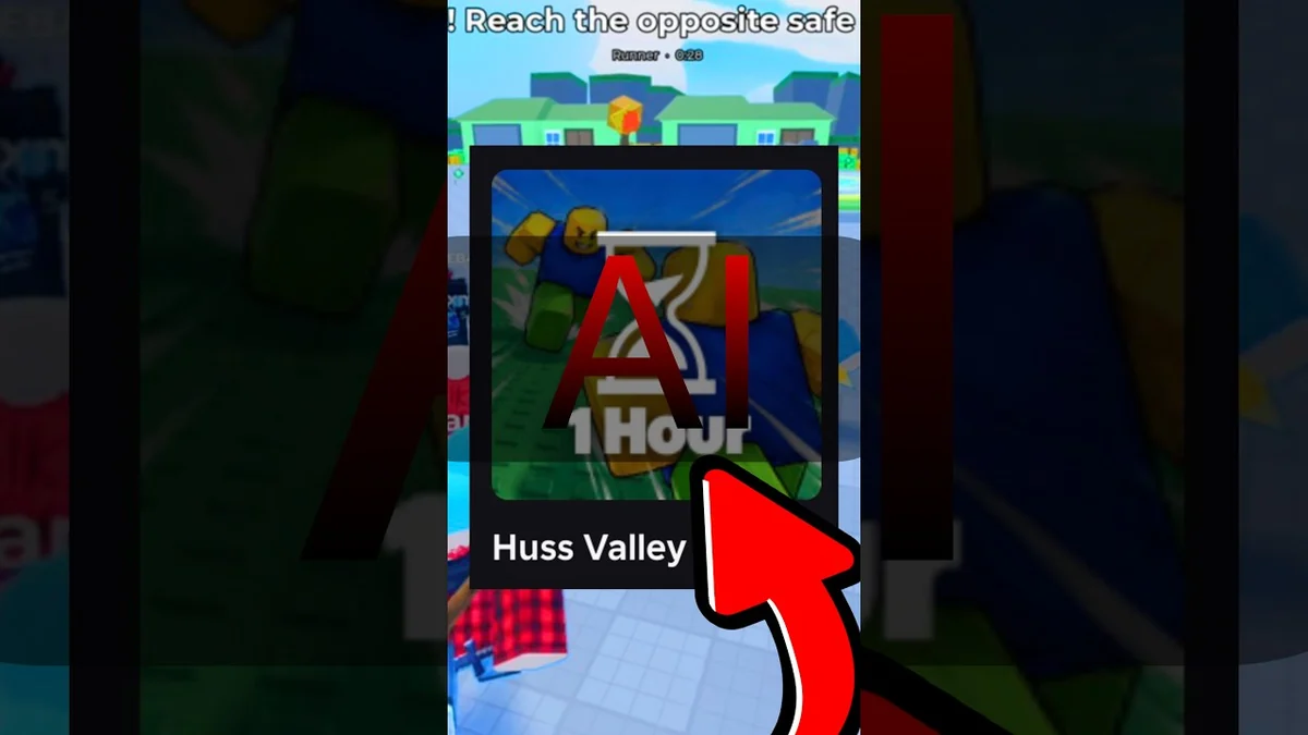 Huss Valley AI-claims video preview showing a captioned Roblox game screen.