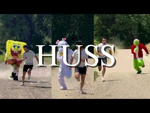 Huss Valley music mashup preview showing costumed runners on a path with a HUSS caption.