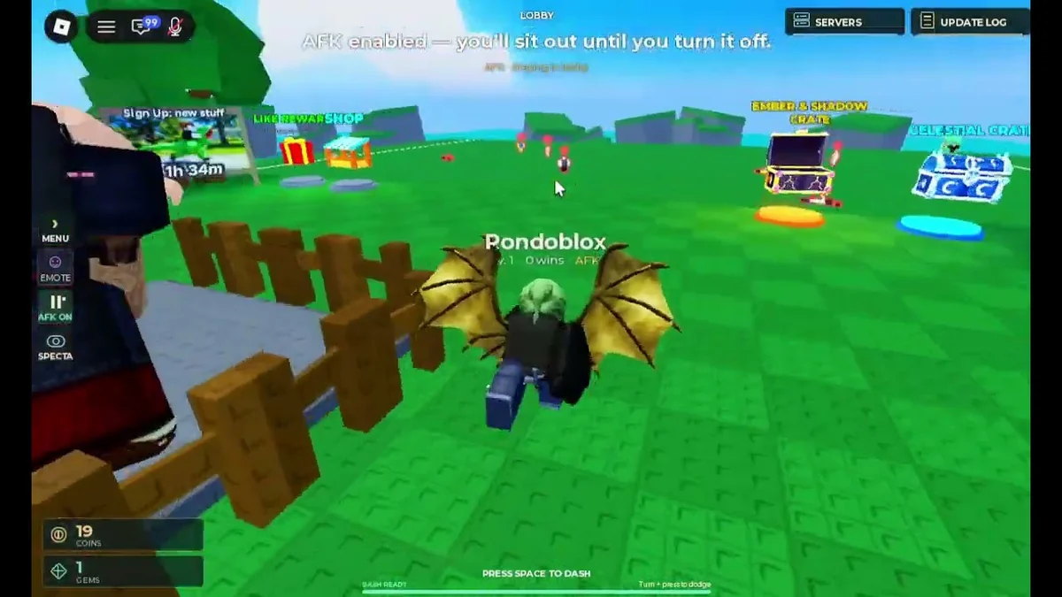 Huss Valley dash tutorial preview showing a Roblox avatar in the lobby near the green playing field.