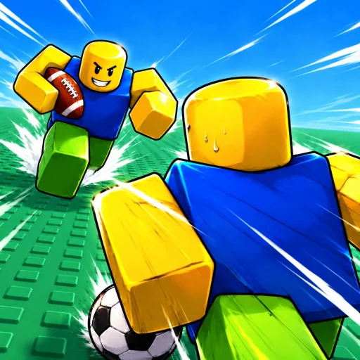 Huss Valley experience icon with running yellow Roblox avatars and football and soccer props.