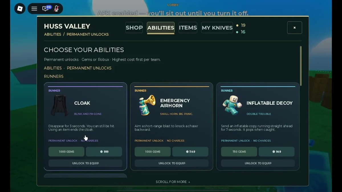 Huss Valley ability shop capture showing Cloak, Emergency Airhorn and Inflatable Decoy cards with Gems and Robux purchase choices.