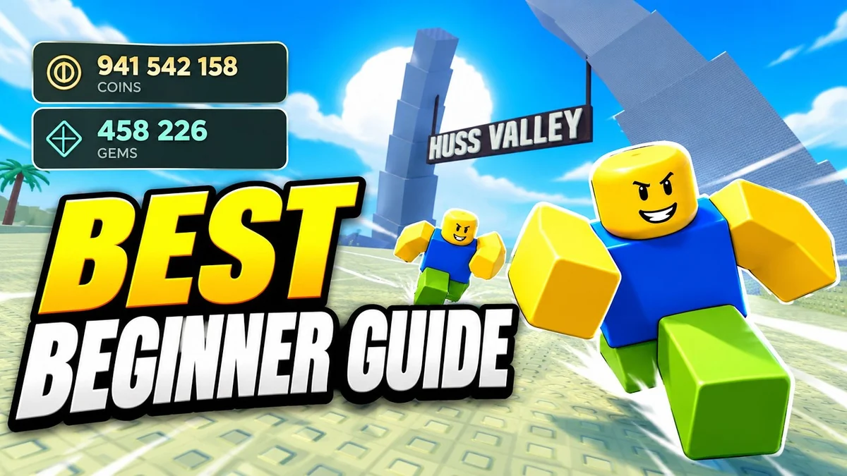 Huss Valley first-match guide preview showing a running Roblox avatar and a Gems-and-Coins display.