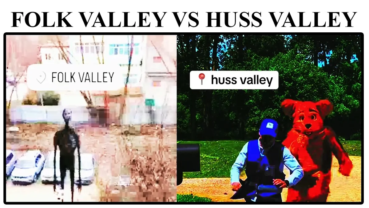 Huss Valley versus Folk Valley video cover placing two captioned fictional settings side by side.