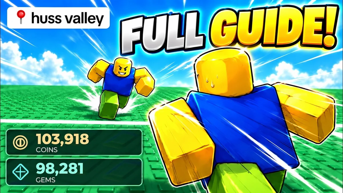 Huss Valley Runner guide preview showing yellow Roblox avatars running across a green field.