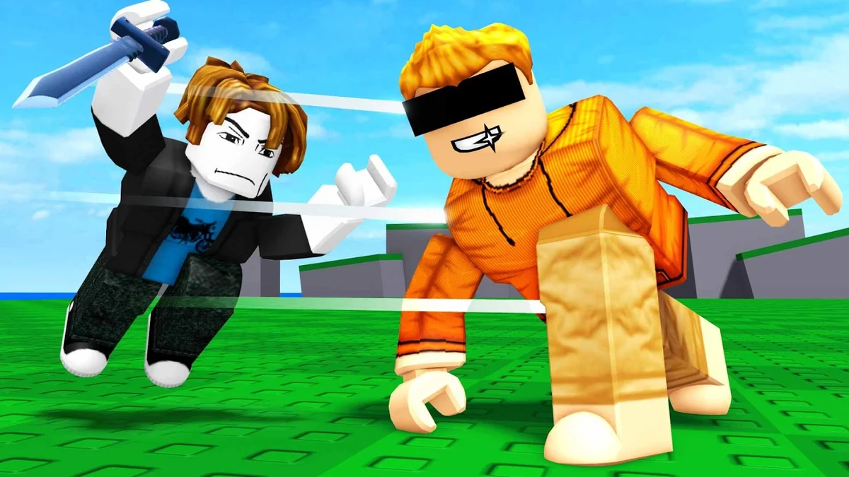 Huss Valley gameplay video cover showing two Roblox avatars running across a green field.